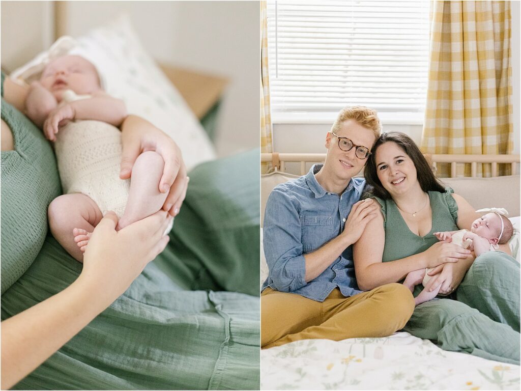 Collage of photos of newborn baby girl at home