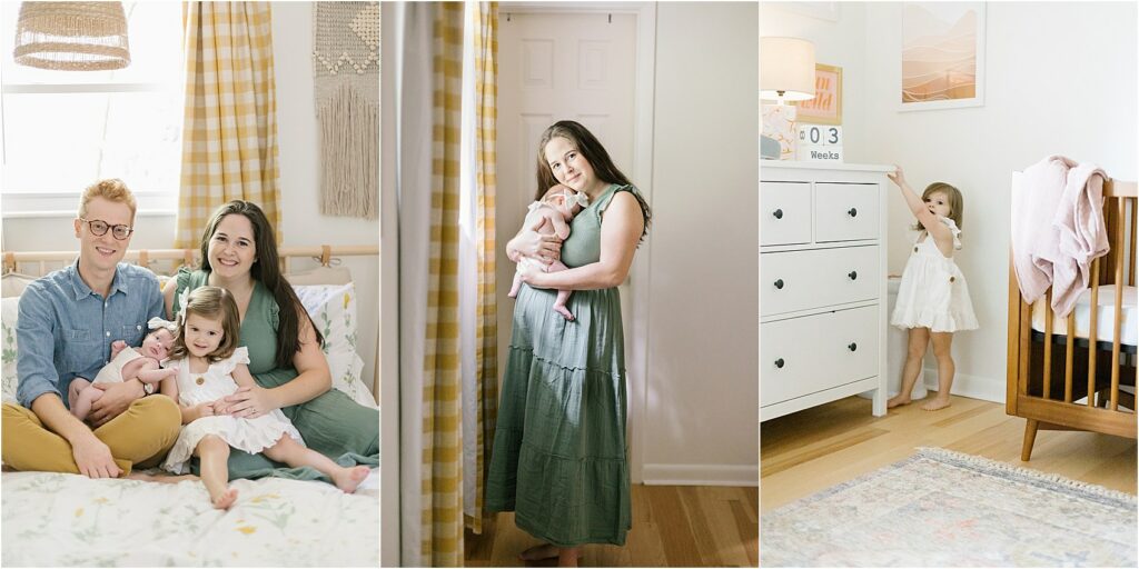 Collage of photos of newborn baby girl at home