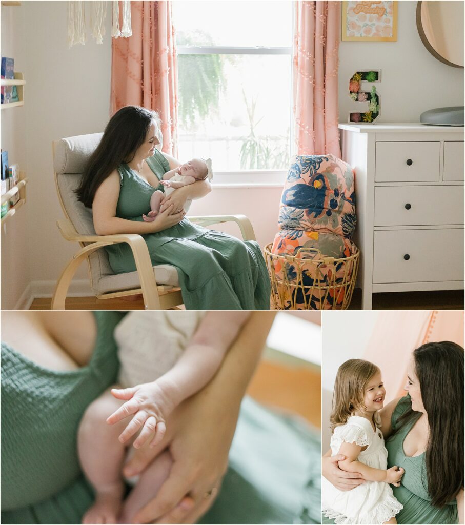 Collage of photos of newborn baby girl at home