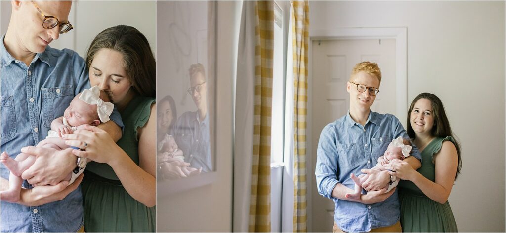 Collage of photos of newborn baby girl at home