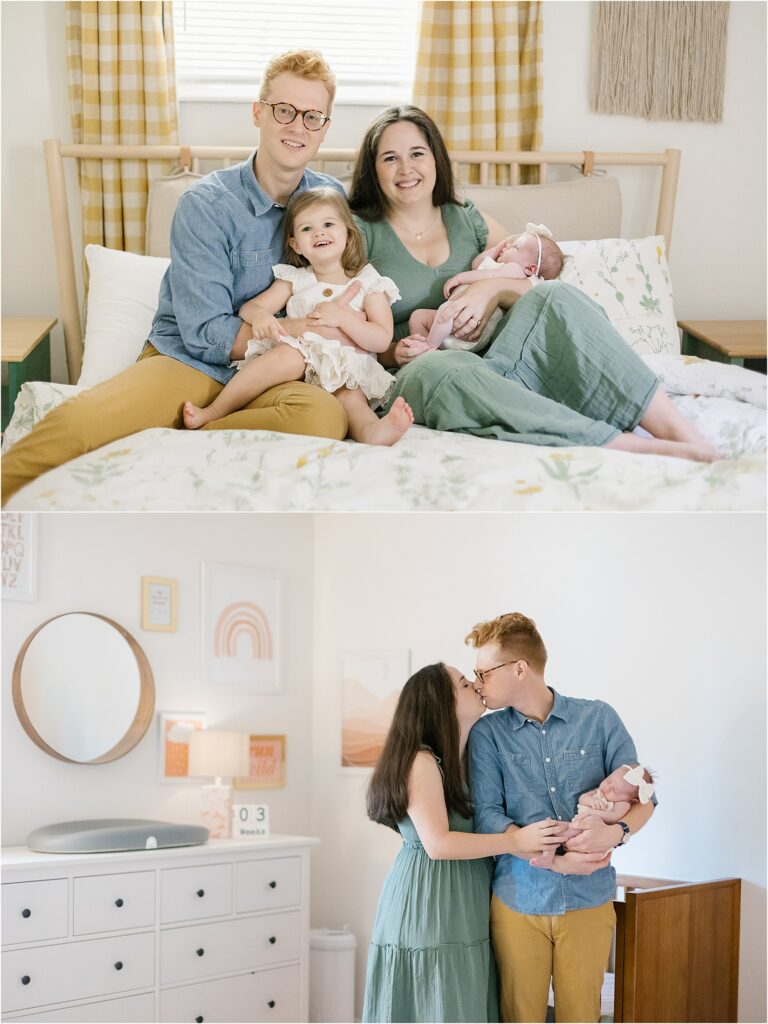 Collage of photos of newborn baby girl at home