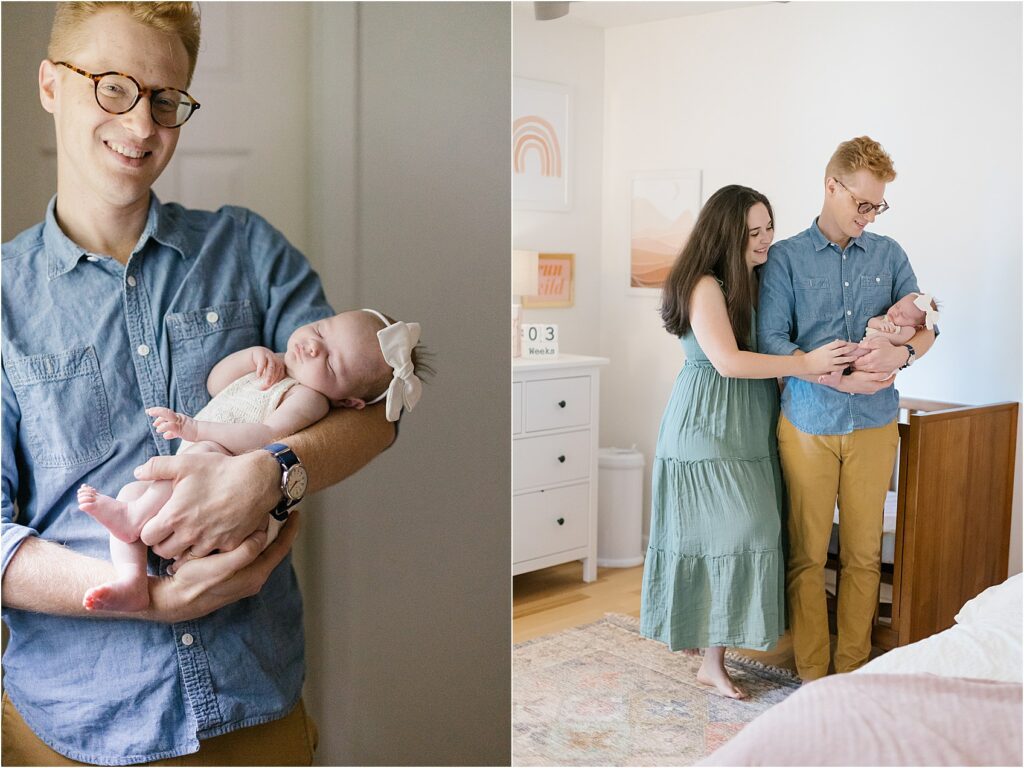 Collage of photos of newborn baby girl at home