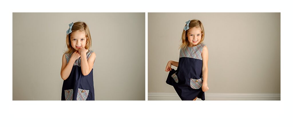 Back-to-School Portraits with Style | Now Booking Picture Day Minis in Tallahassee 2 a preschool girl standing in a navy dress against a cream colored wall