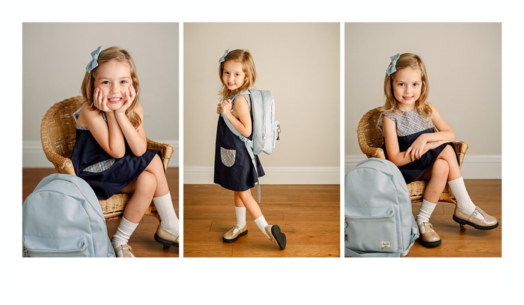 Back-to-School Portraits with Style | Now Booking Picture Day Minis in Tallahassee 1 a collage of a girl sitting in a chair with her backpack