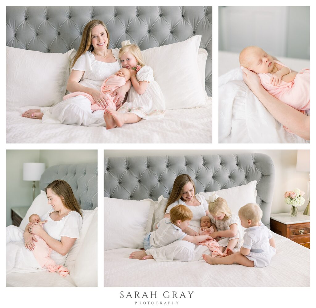 Tallahassee newborn photographer Sarah Gray captures a mother and her four children meeting their new baby sister during a relaxed in-home session. Newborn photography for C-Section families.